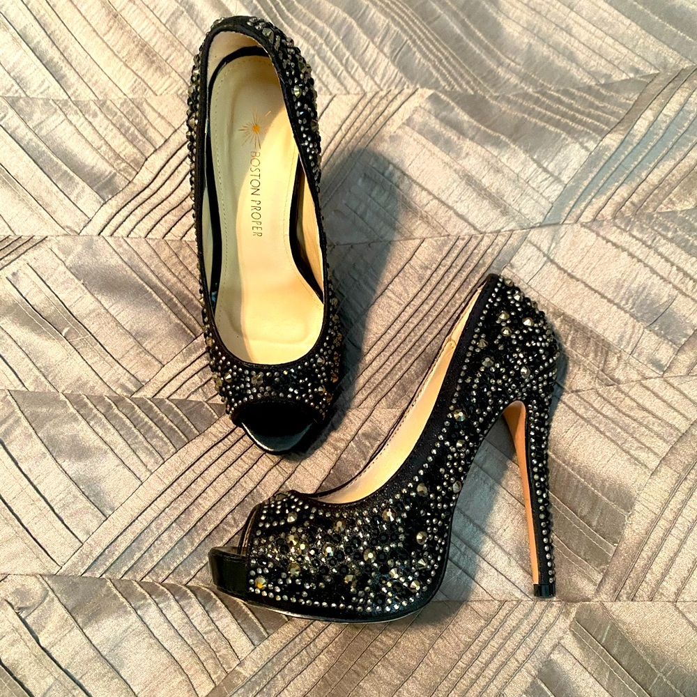 Like New Boston Proper Bejeweled Black High Heels